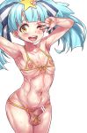  1boy bar_censor bare_arms bare_shoulders bikini blue_hair bow censored cowboy_shot erection eyebrows_visible_through_hair hair_bow hair_ornament heart hoihoi_(hoihoi1116) hoshikawa_lily looking_at_viewer male_focus navel nipples nude one_eye_closed open_mouth penis penis_bow ribs simple_background solo spoilers star star_hair_ornament stomach sweat swimsuit testicles trap v_over_eye zombie_land_saga 