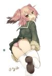  ass bangs black_hair blush brown_footwear colored_tips eyebrows_visible_through_hair goekawa green_jacket hair_between_eyes highres jacket kantai_collection kunashiri_(kantai_collection) long_sleeves looking_at_viewer messy_hair multicolored_hair open_mouth panties pantyhose pantyhose_pull pink_hair pleated_skirt school_uniform serafuku shoes short_hair simple_background skirt solo striped striped_panties two-tone_hair two_side_up underwear white_background white_legwear 