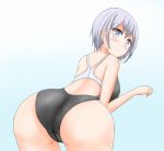  1girl artist_request ass bare_shoulders blush breasts from_behind huge_ass large_breasts leaning leaning_forward looking_at_viewer one-piece_swimsuit original shiny shiny_skin short_hair sideboob silver_eyes silver_hair smile solo swimsuit 
