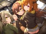  brown_hair commentary_request girls_frontline grey_hair grip gun h&amp;k_ump habu. hair_ribbon heckler_&amp;_koch holding_hands hood hooded_jacket jacket looking_at_viewer magazine_(weapon) multiple_girls purple_eyes ribbon shell_casing siblings sisters submachine_gun triplets ump40_(girls_frontline) ump45_(girls_frontline) ump9_(girls_frontline) weapon yellow_eyes 