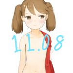  3: closed_mouth co_botan collarbone commentary_request dated half-closed_eyes highres kantai_collection medium_hair navel no_nipples ryuujou_(kantai_collection) short_twintails sideways_glance simple_background sketch slit_pupils solo twintails upper_body white_background white_pupils 