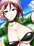  breasts brown_eyes brown_hair choker cleavage commentary_request curvy highres large_breasts okyou plump reaching_out self_shot short_hair solo sweat the_king_of_fighters whip_(kof) 