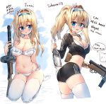  adidas ass bangs bikini black_jacket black_shorts blonde_hair blue_eyes blue_hairband blush bottle breasts cameltoe cleavage commentary_request cropped_jacket eyebrows_visible_through_hair girls_frontline gun hair_between_eyes hair_ornament hairband head_tilt highres holding holding_bottle holding_gun holding_weapon jacket long_hair medium_breasts multiple_girls multiple_views navel no_shoes object_namesake russian seiza short_shorts shorts sitting skindentation snowflake_hair_ornament soles submachine_gun suomi_kp/-31 suomi_kp31_(girls_frontline) swimsuit tandohark thighhighs translation_request transparent twintails water weapon white_bikini white_legwear 