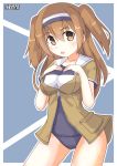  artist_logo breasts brown_eyes brown_hair commentary_request cowboy_shot eyebrows_visible_through_hair hairband hands_on_own_breasts highres i-26_(kantai_collection) jacket kantai_collection large_breasts light_brown_eyes light_brown_hair long_hair name_tag one-piece_swimsuit open_mouth pepatiku sailor_collar school_swimsuit short_sleeves solo swimsuit swimsuit_under_clothes two-tone_hairband two_side_up 