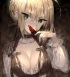  animal bangs black_bow blonde_hair bow braid breasts bug butterfly cleavage collarbone commentary covered_mouth epaulettes eyebrows_visible_through_hair fate/extra fate_(series) green_eyes hair_between_eyes hair_bow hair_bun head_tilt insect long_sleeves medium_breasts nero_claudius_(fate) nero_claudius_(fate)_(all) puffy_long_sleeves puffy_sleeves shirt short_hair sidelocks solo symbol_commentary touwa_nikuman upper_body white_shirt 