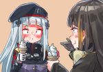  aamond absurdres beret black_hair blonde_hair blush candy candy_cane commentary_request embarrassed food food_on_face girls_frontline gloves goggles goggles_around_neck hat highlights highres hk416_(girls_frontline) ice_cream ice_cream_cone ice_cream_on_face iron_cross laughing m16a1_(girls_frontline) multicolored_hair multiple_girls silver_hair single_glove 