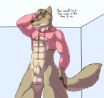  2018 abs animal_genitalia anthro arawn balls blush bottomless canine claws clothed clothing digital_media_(artwork) fur hair hoodie howlfeiwolf long_hair looking_at_viewer male mammal meme muscular muscular_male navel pecs ponytail sheath smile solo standing teeth text twitter_hoodie wolf yellow_eyes 