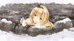  bare_shoulders bathing blonde_hair blue_eyes braid commentary_request crown dated french_braid hairband kantai_collection long_hair mini_crown onsen smile snow snowman solo twitter_username u_yuz_xx upper_body warspite_(kantai_collection) water 