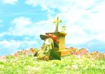  blush bouquet cloud commentary_request cross day field flower flower_field full_body gen_5_pokemon grass green_hair hands_together light_blush lilligant long_hair looking_up no_humans no_mouth orange_eyes outdoors petilil pokemon pokemon_(creature) ribero sitting sky tombstone 