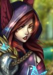  1girl animal_ears female hood league_of_legends lips nose nose_piercing nose_ring piercing red_hair solo xayah yellow_eyes 
