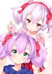  alternate_hairstyle ame. animal_ears azur_lane bangs blush bow bunny_ears closed_mouth collarbone commentary_request dutch_angle eyebrows_visible_through_hair green_eyes hair_between_eyes hair_bow hairband hands_up highres jacket javelin_(azur_lane) laffey_(azur_lane) matching_hairstyle multiple_girls off_shoulder parted_lips pink_jacket purple_eyes red_bow red_eyes red_hairband short_hair short_twintails silver_hair smile twintails white_background 