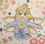  :d blue_coat coat commentary_request daiyousei fairy_wings green_hair grey_scarf hat jacket mittens open_mouth ponytail ribbon salt_(seasoning) scarf smile touhou traditional_media watercolor_pencil_(medium) wings winter_clothes winter_coat yellow_ribbon 