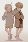 2boys ahoge arm_on_shoulder asymmetrical_bangs bangs black_shirt blush brown_hair brown_shorts buttons child closed_eyes commentary crossed_arms e7_(runaway162) full_body gradient gradient_background grey_background grey_shirt grin highres hood hooded_jacket jacket jian_yi long_sleeves looking_at_viewer male_focus multiple_boys open_clothes open_jacket parted_bangs shirt shoes shorts smile sneakers symbol_commentary v white_footwear yellow_shorts zhan_zheng_xi 