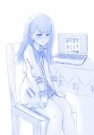  blue blush bow bowtie chair closed_mouth computer covering covering_crotch embarrassed eyebrows_visible_through_hair highres jacket laptop long_hair monochrome pixiv scrunchie sitting solo ssss.gridman sweatdrop table takarada_rikka truth viperxtr wrist_scrunchie 