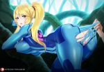  absurdres ass bent_over blonde_hair blue_eyes bodysuit breasts covered_nipples highres large_breasts light_particles looking_at_viewer looking_back metroid parted_lips ponytail pussy samus_aran solo_focus source_request tofuubear toned torn_bodysuit torn_clothes zero_suit 