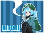  alternate_costume backpack bag bangs black_gloves black_pants blue_background blue_eyes blue_hair blue_jacket blunt_bangs character_name cold commentary_request cup gloves green_backpack green_hat hair_bobbles hair_ornament half-closed_eyes hat holding holding_cup jacket jakomurashi kawashiro_nitori knees_up long_hair long_sleeves mug pants sitting solo striped striped_background touhou vertical-striped_background vertical_stripes winter_clothes 
