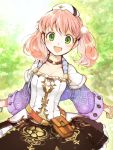  1girl :d atelier_(series) atelier_escha_&amp;_logy belt black_neckwear black_skirt bracelet choker escha_malier floral_print green_background green_eyes hat jewelry looking_at_viewer open_mouth pink_hair print_skirt purple_sweater shiny shiny_hair short_hair skirt smile solo sugita sweater twintails upper_body 