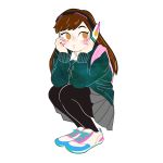  backpack bag bangs black_legwear blue_nails brown_eyes brown_hair bubble_blowing casual chestnut_mouth chewing_gum collared_shirt d.va_(overwatch) facepaint facial_mark fingernails full_body green_jacket grey_skirt hands_on_own_face highres jacket long_hair long_sleeves looking_to_the_side mona_(h-rabbit) nail_polish no_pupils open_mouth overwatch pantyhose pink_backpack pleated_skirt shirt shirt_under_jacket shoes simple_background skirt sneakers squatting swept_bangs whisker_markings white_background white_shirt 