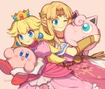  artist_name blonde_hair blue_eyes bracer cheek-to-cheek crown dress elbow_gloves eyebrows_visible_through_hair gloves hug jigglypuff kirby kirby_(series) long_hair looking_at_another looking_at_viewer mario_(series) mini_crown multiple_girls one_eye_closed open_mouth pink_background pink_dress pointy_ears pokemon princess_peach princess_zelda puffy_short_sleeves puffy_sleeves short_sleeves smile super_smash_bros. super_smash_bros._ultimate the_legend_of_zelda tiara upper_body white_gloves wusagi2 