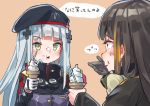  aamond absurdres beret black_hair blonde_hair blush candy candy_cane commentary_request food food_on_face girls_frontline gloves goggles goggles_around_neck hat highlights highres hk416_(girls_frontline) ice_cream ice_cream_cone ice_cream_on_face laughing m16a1_(girls_frontline) multicolored_hair multiple_girls silver_hair single_glove speech_bubble translated 
