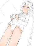  :&lt; absurdres bangs bare_legs binoculars blush cameltoe closed_mouth co_botan commentary_request dutch_angle expressionless from_below half-closed_eyes highres holding holding_binoculars kantai_collection long_sleeves no_pants panties partially_colored short_hair sketch solo standing underwear yukikaze_(kantai_collection) 