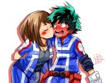  1girl black_undershirt blush blush_stickers boku_no_hero_academia breasts brown_hair cheek_kiss cleavage closed_eyes commentary_request couple elbow_pads freckles full-face_blush gloves green_eyes green_hair hetero highres jacket jindai3663 kiss messy_hair midoriya_izuku open_clothes open_jacket open_mouth short_hair surprised u.a._gym_uniform uraraka_ochako white_gloves wide-eyed 