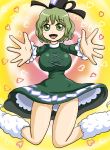  alternate_legwear bare_legs blush breasts commentary_request eyebrows_visible_through_hair green_eyes green_hair hat heart incoming_hug large_breasts looking_at_viewer multicolored multicolored_background sabanishiki smile soga_no_tojiko tate_eboshi thighs touhou 