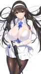  assault_rifle bangs between_breasts black_hair black_legwear blue_neckwear blush breasts bullpup cape cleavage closed_mouth commentary_request eyebrows_visible_through_hair floating_hair flower girls_frontline gloves gun hair_flower hair_ornament hairband highres holding large_breasts long_hair looking_at_viewer minamon_(vittel221) necktie necktie_between_breasts pantyhose qbz-95 qbz-95_(girls_frontline) rifle shirt simple_background skirt smile solo very_long_hair weapon white_gloves white_hairband white_shirt white_skirt yellow_eyes 