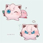  ? ayu_(mog) black_border blue_background blue_eyes blush border closed_mouth gen_1_pokemon great_detective_pikachu:_the_birth_of_a_new_duo holding holding_microphone jigglypuff kirby kirby_(series) looking_at_viewer microphone no_humans one_eye_closed pokemon pokemon_(creature) pout signature simple_background smile 