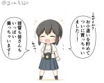  black_hair black_legwear braid camera chibi closed_eyes clothes_writing commentary_request flying_sweatdrops full_body goma_(yoku_yatta_hou_jane) grey_skirt hair_between_eyes isonami_(kantai_collection) kantai_collection pleated_skirt shirt sidelocks simple_background skirt socks solo standing t-shirt translated twin_braids white_background white_shirt 