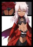  absurdres ass bangs black_legwear black_shorts blush breastplate breasts bridal_gauntlets cape chloe_von_einzbern commentary_request dark_skin eyelashes fate/kaleid_liner_prisma_illya fate_(series) hair_between_eyes highres hips long_hair looking_at_viewer navel open_mouth pink_hair red_cape shimejinameko short_shorts shorts shrug_(clothing) simple_background small_breasts smile solo thighs waist_cape white_background yellow_eyes 