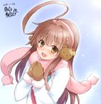  1girl ahoge alternate_costume artist_logo bear_head blue_background blue_jacket brown_eyes brown_hair commentary_request earmuffs fur-trimmed_jacket fur_trim highres huge_ahoge jacket kantai_collection kuma_(kantai_collection) long_hair looking_at_viewer mittens open_mouth pink_scarf scarf smile solo upper_body winter_clothes 