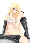  bikini blonde_hair boots breasts commentary_request elbow_gloves elf gloves highres large_breasts micro_bikini original pointy_ears purple_eyes satou_terumasa shiny swimsuit thigh_boots thighhighs 