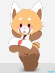  aggressive_retsuko anthro big_breasts blush breasts clothed clothing dongitos female front_view hands_behind_head huge_breasts looking_at_viewer mammal open_mouth panties red_panda retsuko sanrio short_stack simple_background solo standing under_boob underwear wardrobe_malfunction 