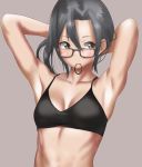  amagiri_(kantai_collection) armpits black_bra bra breasts commentary_request glasses grey_background grey_eyes grey_hair hair_between_eyes highres kantai_collection looking_at_viewer ponytail ribs simple_background small_breasts solo tama_(seiga46239239) underwear 