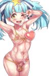  1boy bar_censor bare_arms bare_shoulders bikini blue_hair bow censored cowboy_shot erection eyebrows_visible_through_hair hair_bow hair_ornament heart hoihoi_(hoihoi1116) hoshikawa_lily looking_at_viewer male_focus navel nipples nude one_eye_closed open_mouth penis penis_bow ribs simple_background solo spoilers star star_hair_ornament stomach sweat swimsuit testicles trap v_over_eye zombie_land_saga 