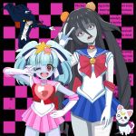  artemis_(sailor_moon) bandages bishoujo_senshi_sailor_moon black_hair blue_hair blue_skin bow bowtie cape cat choker collar fangs food fruit gloves hair_between_eyes hair_ornament hoshikawa_lily leotard long_hair looking_at_viewer mitsuishi_kotono multiple_girls one_eye_closed onion open_mouth orange pirochi red_eyes ribbon romero_(zombie_land_saga) sailor_chibi_moon sailor_collar sailor_moon sailor_senshi sailor_senshi_uniform seiyuu_connection skirt spiked_collar spikes star star_hair_ornament takato_yasuhiro tatsumi_koutarou tuxedo tuxedo_kamen twintails v yamada_tae zombie zombie_land_saga 