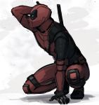  commentary deadpool deadpool_(movie) deadpool_2 from_side full_body highres holding holding_weapon male_focus marvel mask simple_background solo weapon white_background yamashiki_(orca_buteo) 