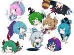  :3 :o animal_ears anklet asymmetrical_wings bangle black_hair black_hat blue_dress blue_eyes blue_hair blue_hat blue_kimono blue_skirt blush_stickers bracelet brown_dress brown_hair chibi closed_eyes closed_mouth commentary_request dress earmuffs fan folding_fan futatsuiwa_mamizou geta ghost_tail green_dress green_eyes green_hair grey_eyes grey_hair hair_rings hat heterochromia hitodama holding holding_umbrella hole houjuu_nue jakomurashi japanese_clothes jewelry kaku_seiga kariginu kasodani_kyouko kimono long_sleeves lying miyako_yoshika mob_cap mononobe_no_futo multiple_girls ofuda on_stomach one_eye_closed pink_eyes pink_hair pointy_hair purple_hat purple_skirt raccoon_tail red_eyes red_shirt saigyouji_yuyuko shirt simple_background skirt sleeves_past_fingers sleeves_past_wrists smile soga_no_tojiko star tail tatara_kogasa tate_eboshi ten_desires touhou toyosatomimi_no_miko triangular_headpiece umbrella white_background wide_sleeves wings yellow_eyes 