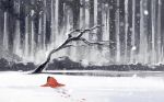  bare_tree blood_on_snow facing_away footprints grey_sky kneeling kyouichi lake original red_robe scenery snow snowing solo tree 