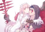  1girl bare_chest black_gloves blue_hair cape chest_tattoo closed_mouth cu_chulainn_alter_(fate/grand_order) earrings expressionless facial_mark fate/grand_order fate_(series) gae_bolg gloves holding holding_spear holding_weapon hug jewelry lancer long_hair looking_at_viewer medb_(fate)_(all) medb_(fate/grand_order) mikkat pink_hair polearm skirt smile spear tattoo tiara weapon white_background white_cape white_gloves white_skirt yellow_eyes 