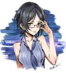  2016 adjusting_eyewear bangs black_hair blue-framed_eyewear blue_neckwear collarbone cropped_torso dated glasses grey_shirt hayami_kanade idolmaster idolmaster_cinderella_girls infukun looking_at_viewer parted_bangs semi-rimless_eyewear shirt simple_background sketch sleeveless sleeveless_shirt solo under-rim_eyewear upper_body white_background yellow_eyes 