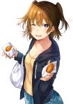  ;d black_jacket blue_shorts breasts brown_eyes brown_hair cleavage collarbone eyebrows_visible_through_hair food hair_between_eyes holding holding_food jacket medium_breasts one_eye_closed open_clothes open_jacket open_mouth original shirt short_hair shorts simple_background smile solo standing sweat tan_(tangent) two_side_up white_background yellow_shirt 