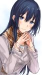  blue_eyes blue_hair blue_shirt blush dress_shirt eyebrows_visible_through_hair grey_coat hair_between_eyes leaning_forward long_hair looking_at_viewer original scarf shiny shiny_hair shirt smile solo steepled_fingers sweater tan_(tangent) upper_body white_background white_sweater 