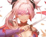 asymmetrical_hair blue_eyes blue_sleeves breasts choker cleavage detached_sleeves earrings eyebrows_visible_through_hair fate/grand_order fate_(series) hair_between_eyes hair_ornament holding holding_sword holding_weapon jewelry large_breasts long_hair long_sleeves looking_at_viewer magatama miyamoto_musashi_(fate/grand_order) saihate_(d3) silver_hair simple_background smile solo sword upper_body weapon white_background 