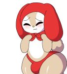  anthro badgerlewds blush bulge clothed clothing hello_kitty hood lagomorph little_forest_fellow male mammal my_melody rabbit sanrio shutting_eyes topless 