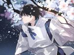  black_hair blue_eyes branch detached_sleeves flower japanese_clothes kyouichi looking_at_viewer male_focus petals solo standing upper_body wide_sleeves 