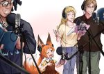  2girls :d animal_ears blonde_hair book bow brown_dress brown_eyes brown_hair brown_shirt commentary_request doitsuken dress fox_ears fox_tail glasses grey_pants grin hair_bow headphones holding holding_book microphone multiple_boys multiple_girls music neck_ribbon one_eye_closed open_mouth orange_hair orange_neckwear orange_ribbon original pants ponytail pop_filter red_bow red_eyes ribbon script shirt short_sleeves singing slit_pupils smile standing studio_microphone tail yellow_eyes yellow_shirt 