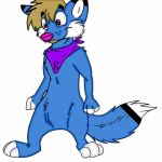  2017 bandanna beard_(marking) benji_blue benjithatfoxguy black_fur blonde_hair blue_fur canine cartoon_nudity chest_tuft dashfuzzietail finger_(marking) fox fur hair happy male mammal markings nude pink_nose simple_background smile solo standing toe_(marking) toony tuft white_background 