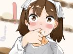  1girl bangs blush brown_eyes brown_hair clothing_request co_botan commentary_request dot_nose eyebrows_visible_through_hair finger_in_mouth hand_up kantai_collection long_sleeves medium_hair raised_eyebrows ryuujou_(kantai_collection) short_twintails sketch_eyebrows solo twintails upper_body wide-eyed 